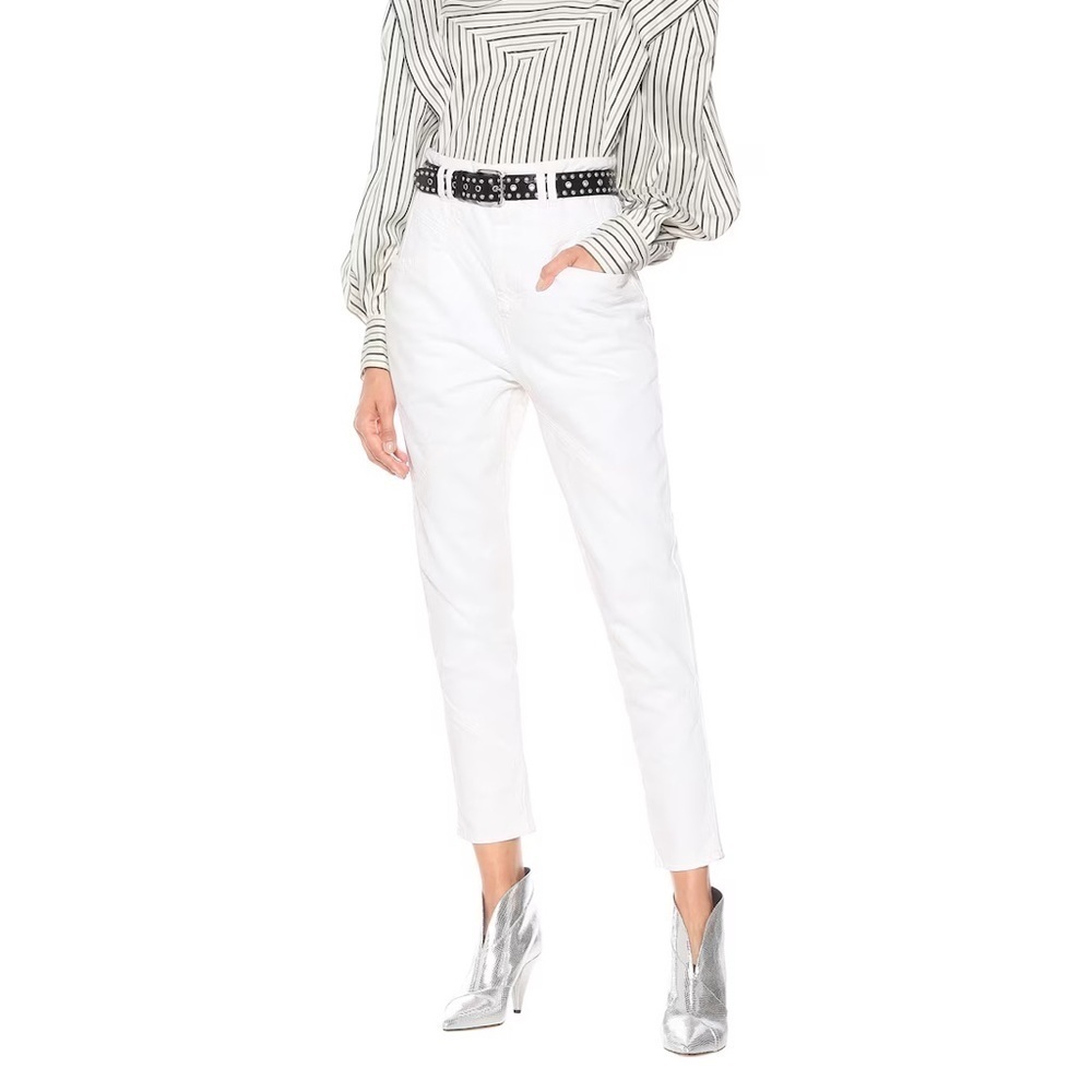 Isabel Marant Nadeloisa Tapered Leg Cotton High Rise Slim Jeans White Trousers 2